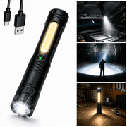 Rechargeable LED Flashlight, COB Work Light, USB Charging, Zoomable,Emergency Light with Magnetic Base, Black