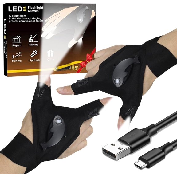 Rechargeable LED Flashlight Gloves, Adjustable Strap,  Size Fit , Black