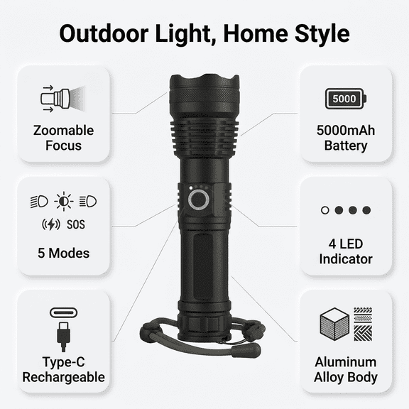 P50 Rechargeable LED Flashlight, High Lumen Super Bright Flashlights, Multi-function 5 Modes, Powerful Torch, Suitable for Home, Camping, Hiking, Christmas Gifts for Men