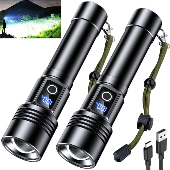 Rechargeable LED Flashlight High Lumens, 2 Pack Portable Flash Light USB C Rechargeable, 6 Modes, 30H Moonlight, Zoomable Bright Flashlights for , Camping, Hiking, Use