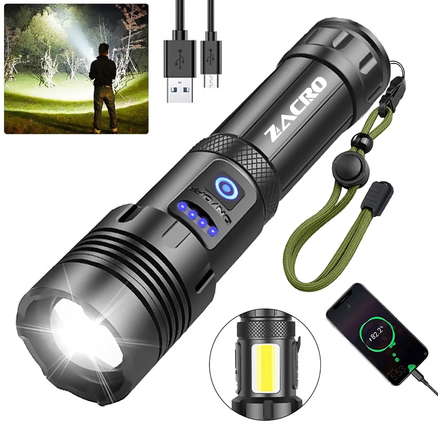 Zacro Rechargeable LED Flashlight High Lumens, 100000 Lumen Super Bright Flashlight with 7 Modes and COB Sidelight, LED Waterproof Handheld Flashlight Zacro Rechargeable LED Flashlight High Lumens, 100000 Lumen Super Bright Flashlight with 7 Modes and COB Sidelight, LED Waterproof Handheld Flashlight