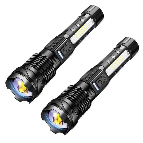Rechargeable LED Flashlights, 90,000 Lumens Super Bright Handheld FlashLight, 7 Modes with COB Work Light, IPX6 Waterproof, Adjustable Tactical Flash light for Home,Camping and Emergencies-2 Pack
