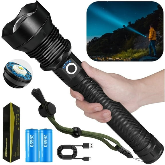 Rechargeable LED Flashlights, 90000High Lumens Super Bright Flashlights with 3 Modes Waterproof Zoomable Flash Light for Outdoor Emergency