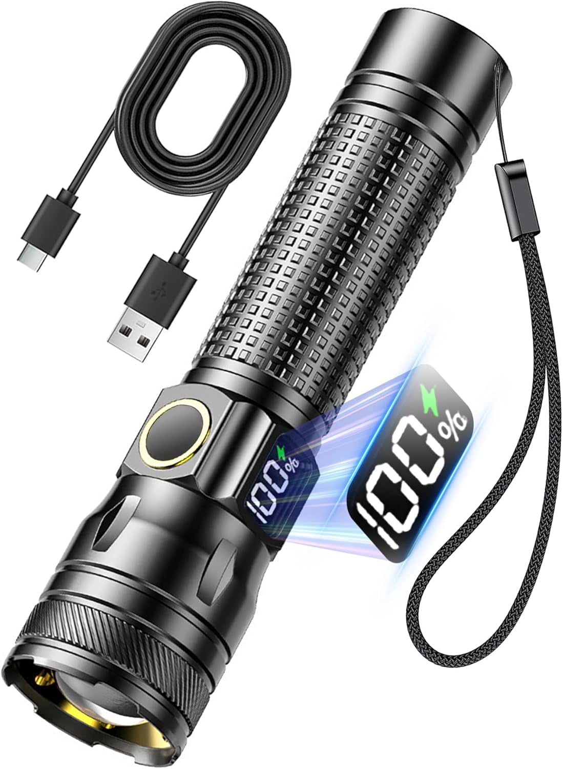 Rechargeable LED Flashlights with Digital Power Display, Zoomable High Lumens Bright EDC Flashlight with USB C Charging Port for Home and Outdoor Emergency, Camping Essentials, Survival Gear