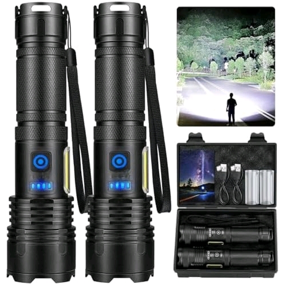 Rechargeable LED Flashlights High Lumens 2 Pack, 90000 Lumen Super Bright Flashlight, 7 Modes with COB Work Light, IPX7 Waterproof Powerful Flash Light for Home, Camping, Emergencies