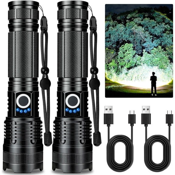 Rechargeable LED Flashlights High Lumens 2 Packs, 99,000 Lumens Super Bright Flashlight, Adjustable Handheld Flashlight with 5 Modes, Brightest Flash Light for Camping