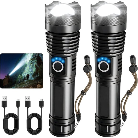 Rechargeable LED Flashlights High Lumens, Super Bright Handheld Flashlight with 5 Modes, Zoomable Flash Light for , Camping,, Outdoor, 2 Pack