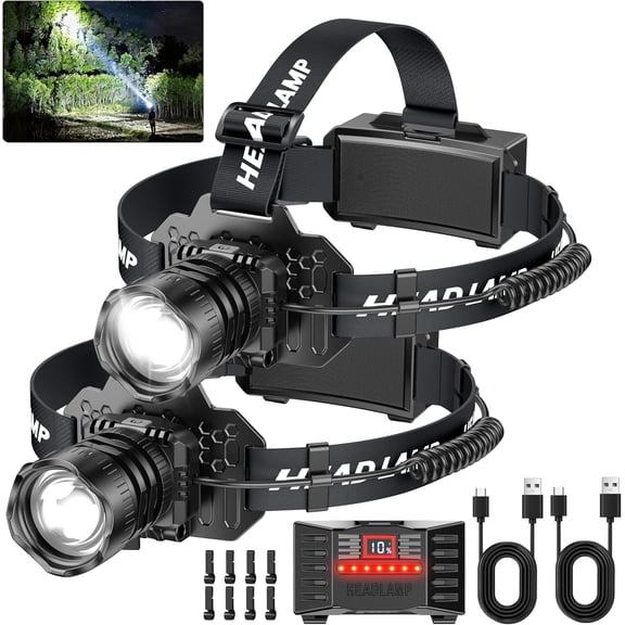 Rechargeable LED Headlamp 2-Pack - 99000 Lumens Super Bright with Motion Sensor & 90 Rotation - Waterproof Headlight for Camping, Hiking, Running - 3 Light Modes