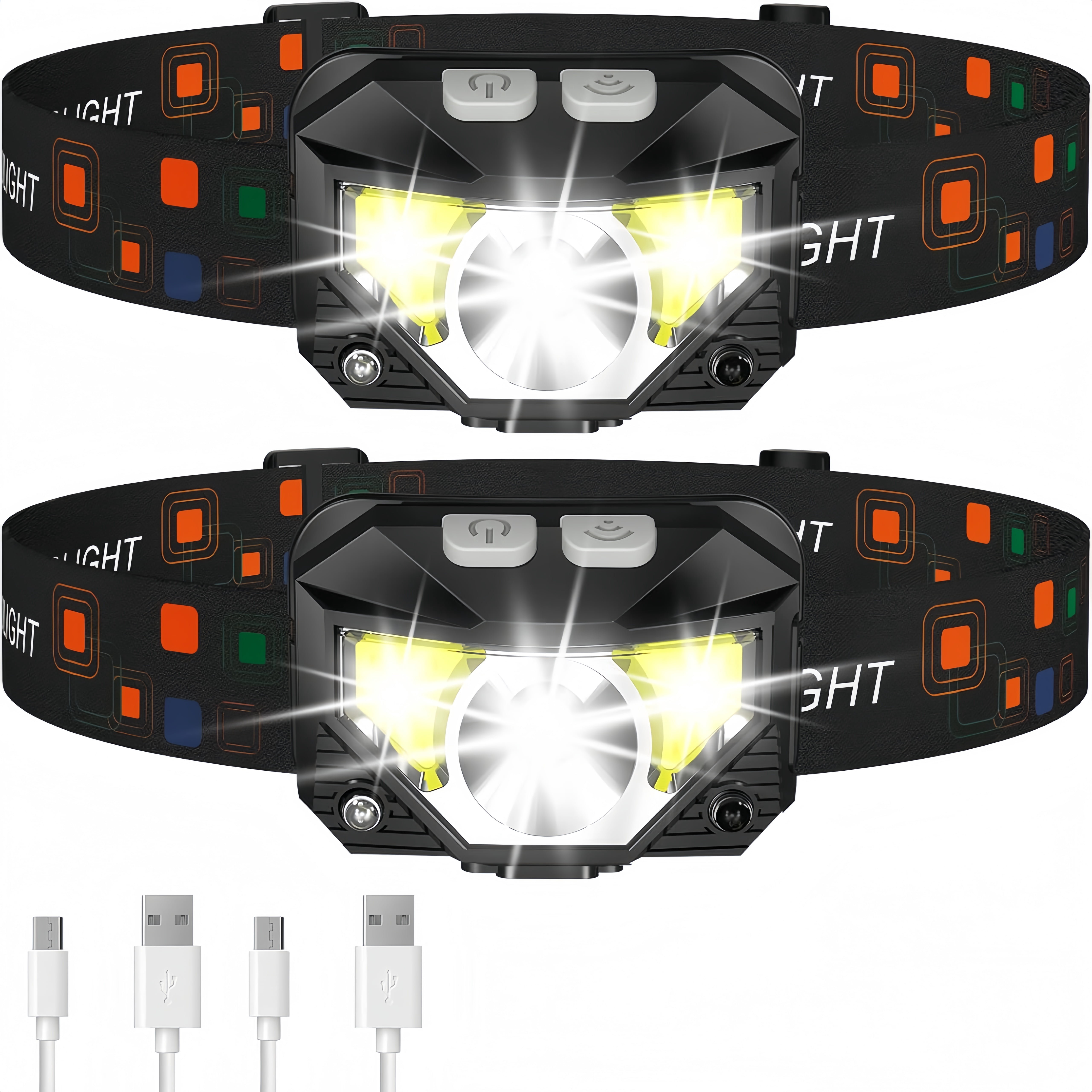 Rechargeable LED Headlamp, 2-Pack Ultra-Light Motion Sensor Headlamp Flashlight with White/Red Light, 8 Modes, IPX4 Waterproof for Camping Hiking Running