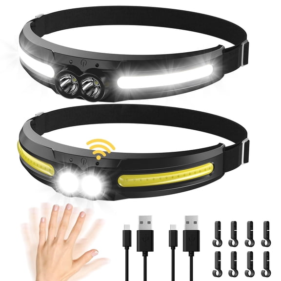 Rechargeable LED Headlamp 2PCS - 300° Wide Beam Head Lamp, 750 Lumen 14 Modes Head Lights, 84H Standby Energy - Camping Accessories Gear, Waterproof Sensor Flashlight for Running Camping Fishing