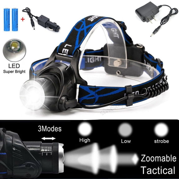 Rechargeable LED Headlamp 3 Modes Bright/Dim/SOS 100M Beam Distance Includes 2x18650 Batteries, Wall Charger & Car Charger Waterproof Design for Camping, Hiking, Work