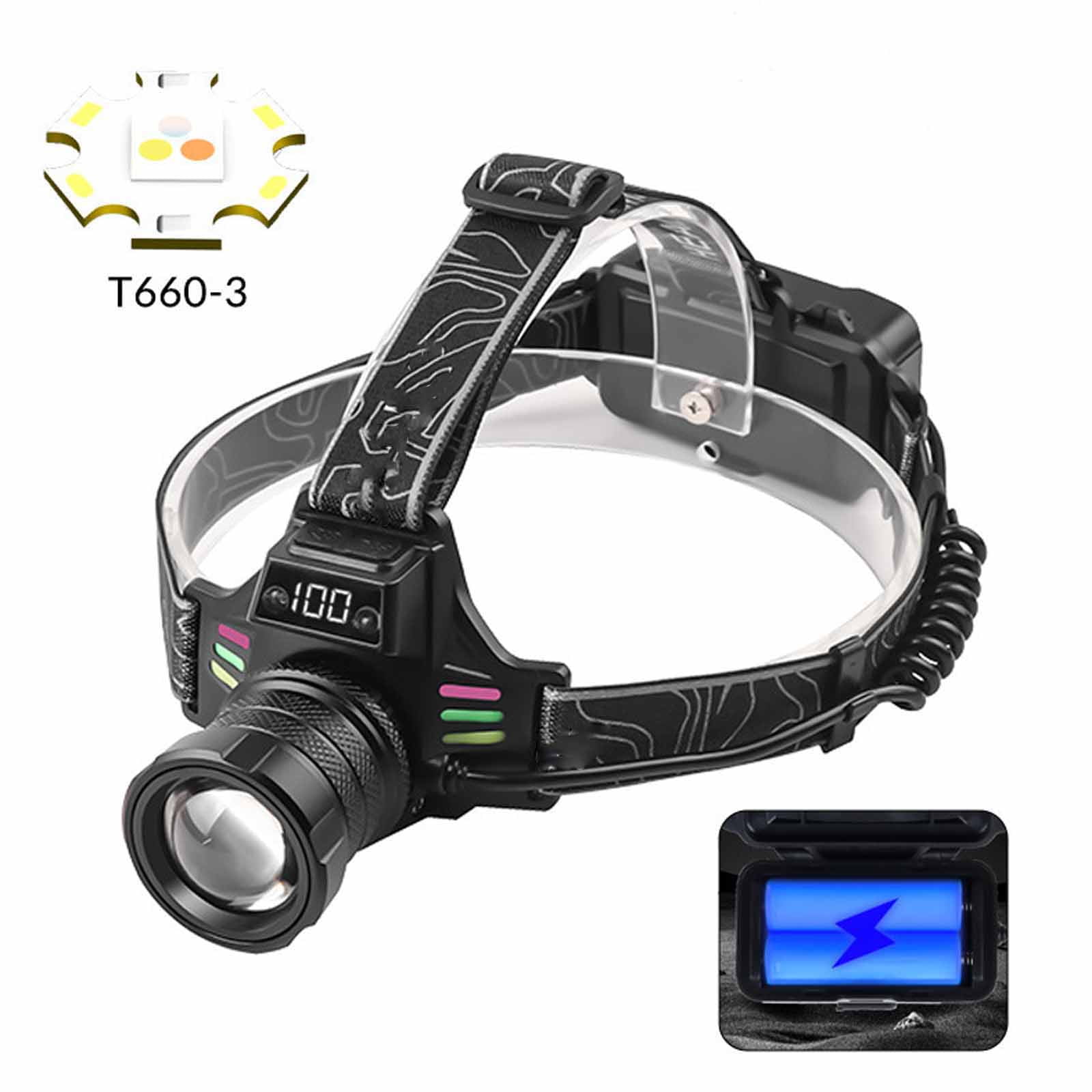 Rechargeable LED Headlamp with Digital Display USB Charging Waterproof Head Light for Outdoor Camping Hiking Night Fishing Searchlight Hands-Free Illumination Adjustable Beam Bright Flashlight C