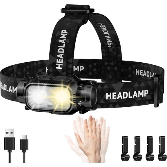 Rechargeable LED Headlamp, High Lumen Super Bright Head Lamp with Red Light, Motion Sensor, 5 Modes, 90 Adjustable, Waterproof Lightweight Headlamps for Adult Running, Camping, Fishing