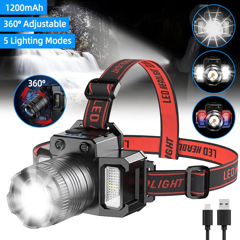 Rechargeable LED Headlamp with Power Bank - Motion Sensor Hand-Wave Control, IPX4 Waterproof, 5 Modes, Red/White/Blue Lights, Adjustable Headband, for Outdoor Camping/Running
