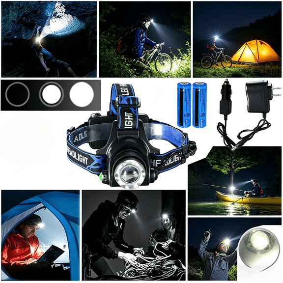 Rechargeable LED Headlamp Set 18650 Batteries Included Camping Hiking Work Light Waterproof Adjustable Beam Zoomable 3 Modes Bright Dim SOS Home Car Charger Emergency Outdoor Sports Night Fishing Use