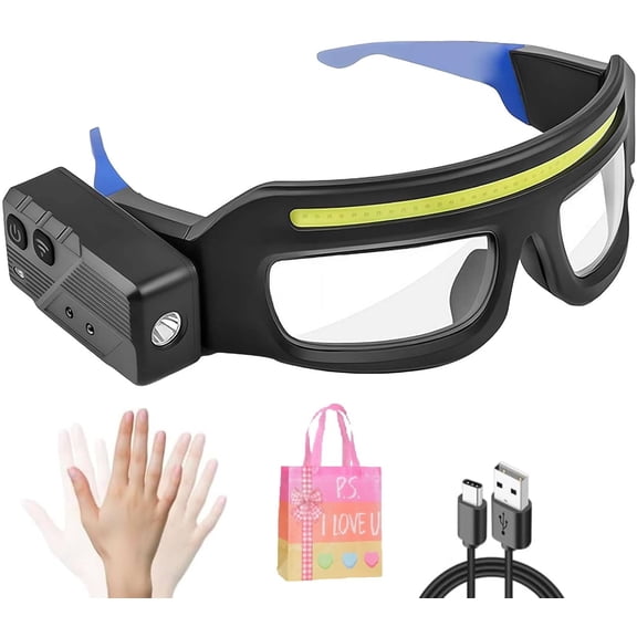 Rechargeable LED Headlight Glasses - Motion Sensor/Touch Control 5 Modes, 350-500lm IPX4 Waterproof USB-C Outdoor Eyewear (Blue)Z