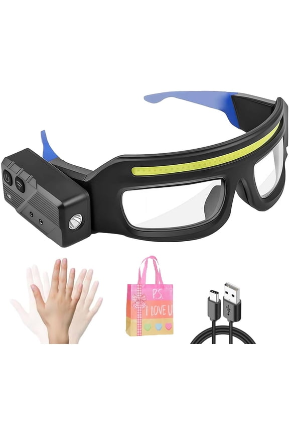 Rechargeable LED Headlight Glasses - Motion Sensor/Touch Control 5 Modes, 350-500lm IPX4 Waterproof USB-C Outdoor Eyewear (Blue)Z
