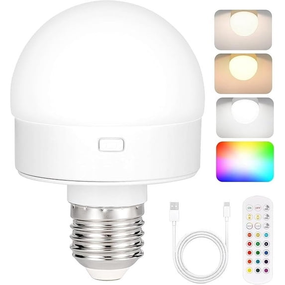Rechargeable LED Light Bulb with Remote Control, Color Changing RGB Bulb with 12 Colors and 3 Temperatures, Dimmable Night Light with Magnetic Base, for Bedroom Kitchen Home Decor
