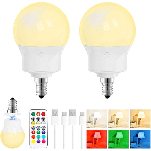 Rechargeable LED Light Bulbs with Remote, Dimmable Magnetic E12 Battery Operated Light Bulb, 12 RGB Colors, 480LM 40W Equivalent, 3 Timer, for Sconces, Lamps Without Power, Camping, Emergency 2 PACK
