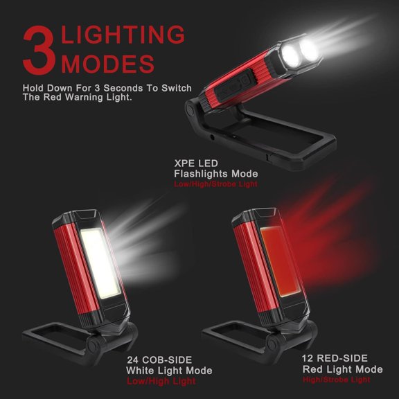 Rechargeable LED Magnetic Work Light, Portable Tool Gifts for Men, 7 Flashlight Modes with Kickstand and Carabiner, 360° Rotating Head and USB Charging for Car Repair Camping Household Blackout