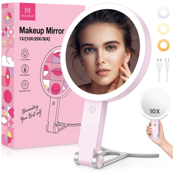 Rechargeable LED Makeup Mirror, 3 Light Modes Stepless Dimming, 1X/10X Magnification Double Sided Vanity Mirror, 3-in-1 Handheld/Desktop/Hanging Portable Travel Mirror with 1000mAh Battery