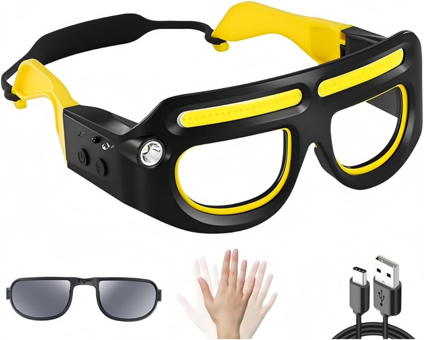 Rechargeable LED Motion Sensor Glasses Lamp, LED Safety Glasses with Dual Beam & Motion Sensor, 5 Modes Light Up Headlamp for Running Camping Fishing Cycling Hiking Night Work