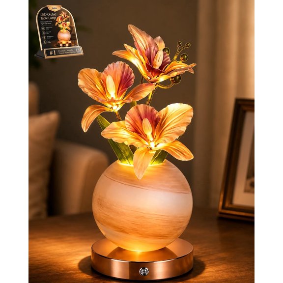 Rechargeable LED Orchid Table Lamp, Cordless Touch Dimmable Floral Night Light with 3 Color Modes, Artificial Flower Vase Lamp for Bedroom Home Aesthetic Decor