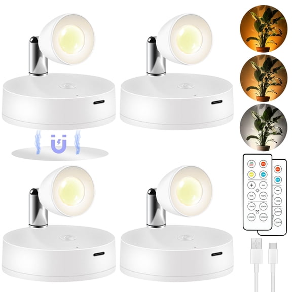 Rechargeable LED Spotlight, 3 Color Temperatures, Dimmable, Magnetic, Remote Control, 4 Pack, for Art, Closet, Cabinet, Home