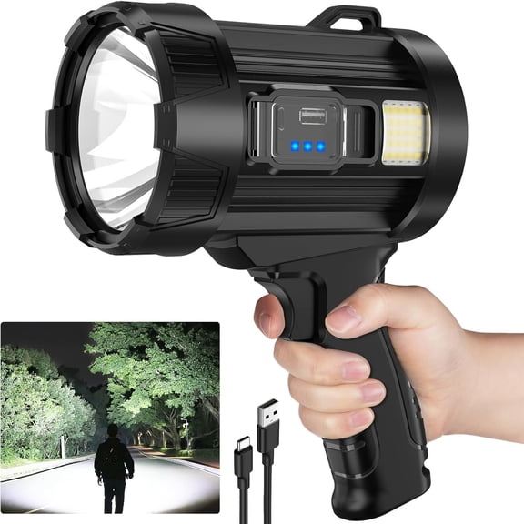 Rechargeable LED Spotlight Flashlight, 2,000,000 High Lumens Spot Light, Solar USB with Cob for Camping Hiking Boating