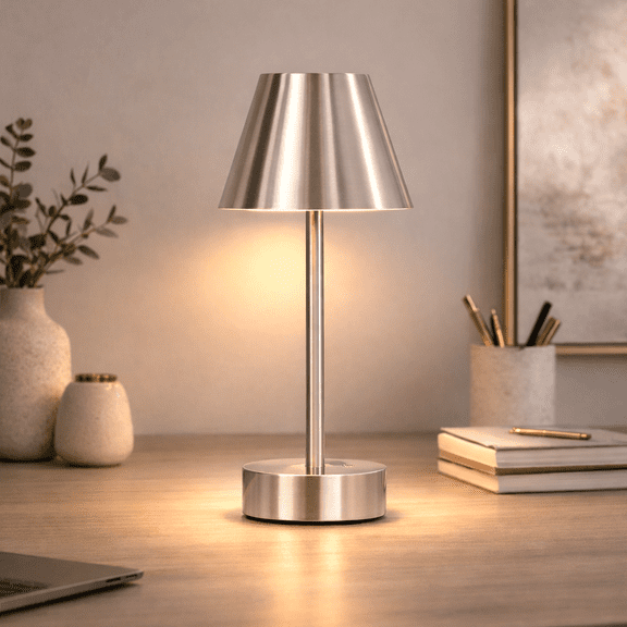 Rechargeable LED Table Lamp Brushed Nickel Touch Switch for Bedroom, Desk, Living Room - Portable Metal Lamp