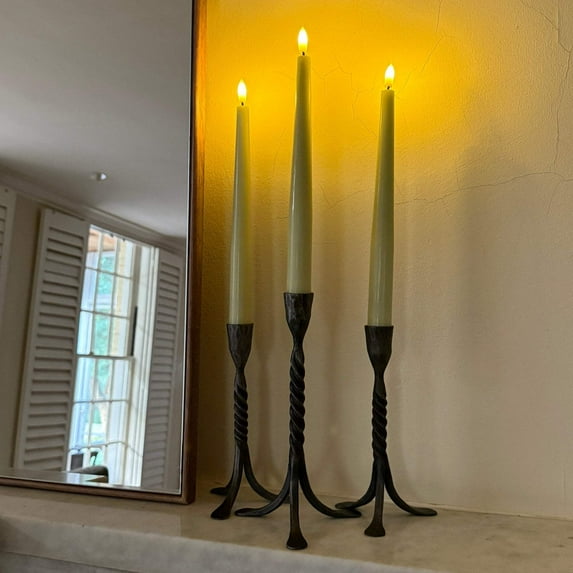 Rechargeable LED Taper Candles, Sage Green, 3 Pack with Remote Control, USB Charging Cables Included, Flameless Wax