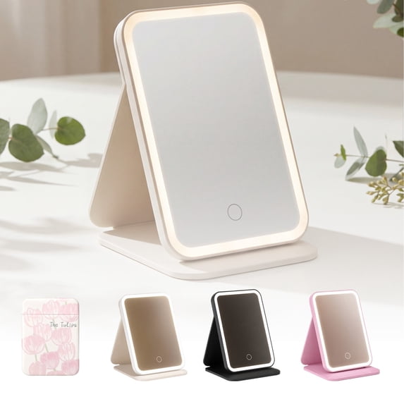 Rechargeable LED Travel Makeup Mirror, Foldable, 3 Light Modes, Stepless Dimming, HD True Reflection Glass