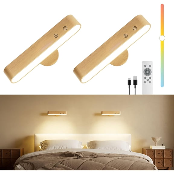 Rechargeable LED Wall Sconces Set of Two,Wall Lights for Bedroom with Remote Control and Touch,360 Magnetic Rotation,3 Colors Dimmable Brightness Wood Wall Lamps with 15 RGB Colors,2 Pack