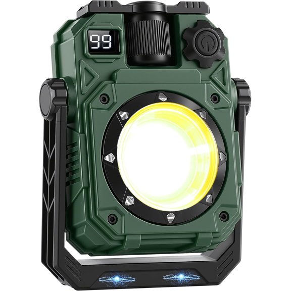 Rechargeable LED Work Light with Digital Display, 32 Hours Long Lasting 5000mah Power with Knob Dimming, 5 Modes & 360? Rotatable for Repair, Job Site, (Green, 1 Pack)