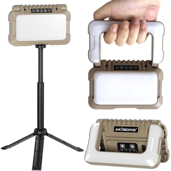 Rechargeable LED Work Light with Stand, 1000lm Dimmable Cordless Foldable with Triple Sources & Hooks, Waterproof Portable Work Light with Tripod for Camping, Garage, Job Site Lighting, Car Repairing