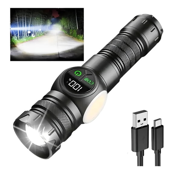 Rechargeable Laser Flashlight Super Bright LED Flash Lights with COB Sidelight USB C LCD Display for Camping Hiking Emergency
