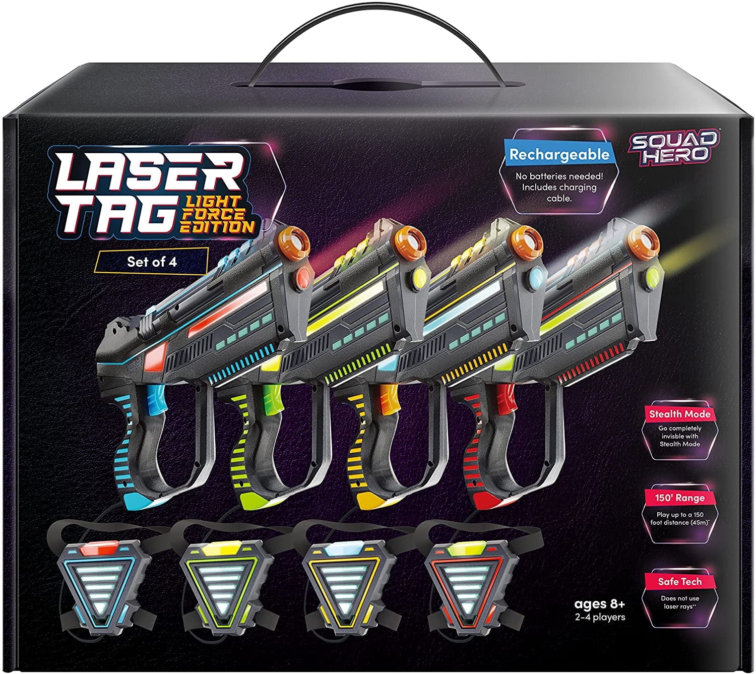 Squad Hero Kids Rechargeable Laser Tag Toy Gun Blasters Years 8 Black 4 Pack