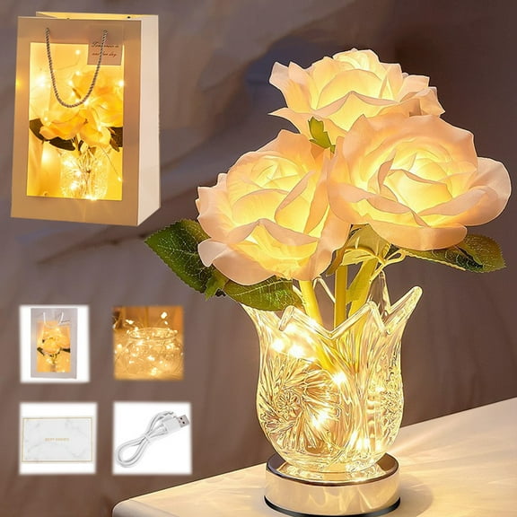 Rechargeable Led Color Changing Flower Light, Romantic Pink Rose Crystal Table Lamp, Fire Flower Lamp Ambient Lighting, Build Romantic Ambient, for Valentines (Champagne-Warm, Rechargeable)Q