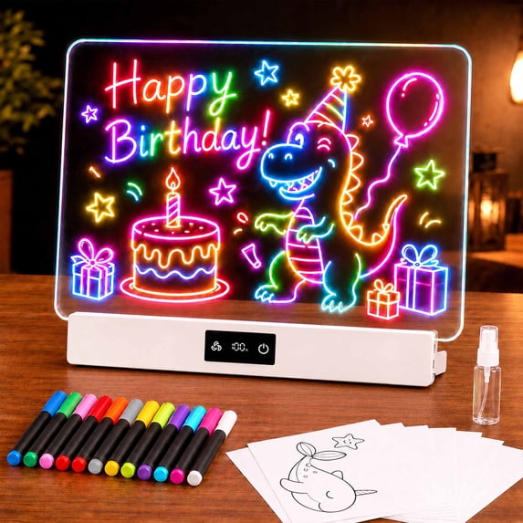 KOBAIBAN Rechargeable LED Drawing Board for Kids, 13.8" with 12 Markers, 8 Colors + 3 Dynamic Modes, Built-in Stand, Glow Doodle Drawing Tablet for Kids Art Toy, White