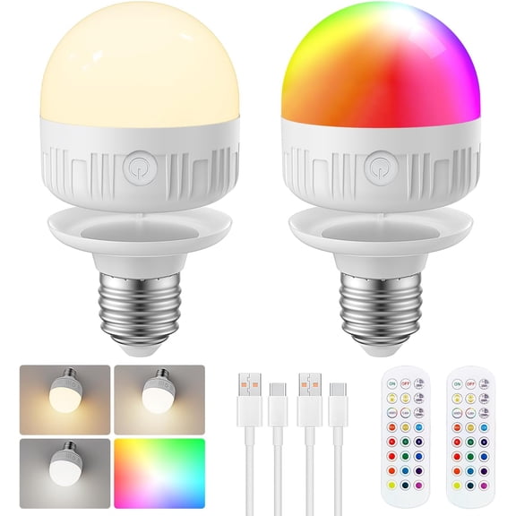 Rechargeable Light Bulb with Remote - E26 2Pack 6W 450LM Dimmable Detachable LED Bulb 15 Colors Selectable & 3 Timer, 2500mAh Battery Operated Magnetic Bulbs, Bulbs for Non-Hardwired Fixture