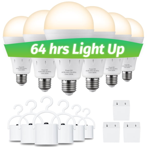 6Pcs Rechargeable Light Bulbs, Emergency LED Light Bulbs, 9W 3000K 1200mAh E26 Battery Operated Light Bulb with Hook for Home and Outdoor
