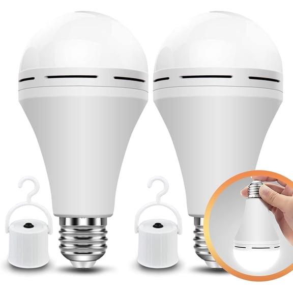 Rechargeable Light Bulbs Battery Operated Powered Backup Light Bulb, 15W 80W Equivalent 6000K 1200mAh, Emergency Light Bulb for Lamp Camping Works Even Power Outage -2 Packs + 2 Portable Hooks