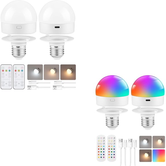 Rechargeable Light Bulbs Bundle, Battery Operated Light Bulbs with Remote and Timer, Dimmable Detachable Wireless LED Bulb for Lamp, W01YBP206-R01YBP206