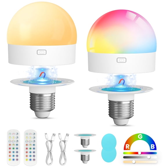 Rechargeable Light Bulbs for Lamps: 3000mAh E26 Battery Operated Bulb with Remote & Timer, 3 Color Temperature+12 RGB Magnetic Dimmable Puck Lights for Sconce, Non-Hardwired 2 Pack