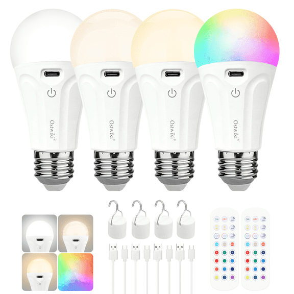 Rechargeable Light Bulbs with Reomte & Hooks, A19 Dimmable Wireless Battery Powered Light Bulb with 15 Colors 3 Timer for Home Non-Wired Sconces,4 Pack E26 Emergency Bulbs for Power Outage, Outdoor