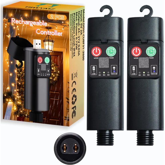 Rechargeable Light String Replacement Adapter with USB Charge Port - LED Power Supply - 8 Modes Timer - Waterproof & Portable Transformer for Christmas Lighting,String Light,Inflatable Device (2 PCS)