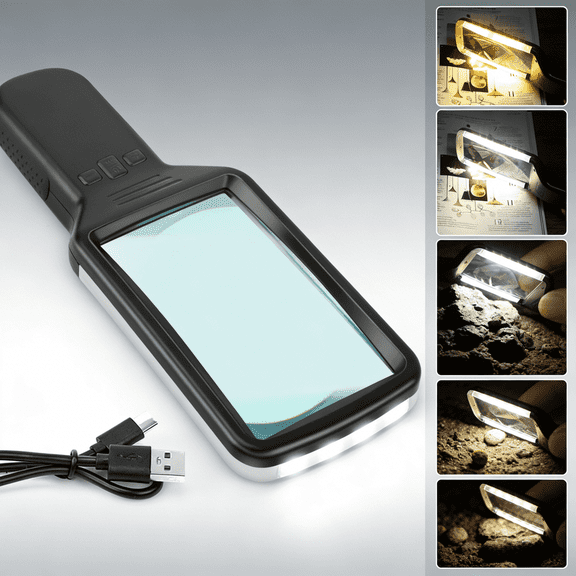 Rechargeable Lighted Handheld Magnifier Real Glass - 3 Color Modes Stepless Dimmable LED for Low Vision Macular Degeneration
