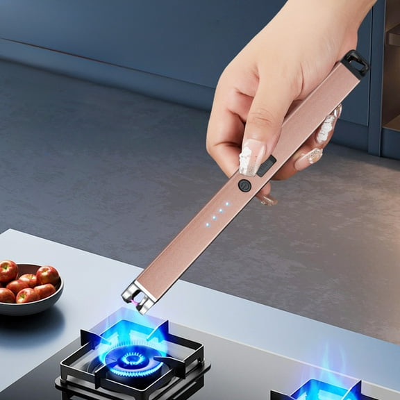 Rechargeable Lighter, USB-C Fast Charging Candle Igniter, Modern Metal Aromatherapy Kitchen Lighter with LED Display Safe Protection, Rose Gold