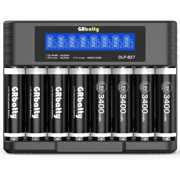 Rechargeable Lithium AA Batteries with Charger 3400mWh 1.5V High Capacity 1500 Cycles for Household Cordless Phones Remote Controls Electronics (8 Pack)