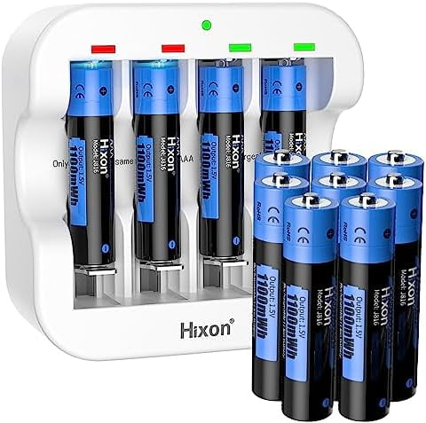 Hixon AAA Rechargeable Lithium Batteries 12-Pack With Fast Charger - 1100mWh 1.5V Constant Output